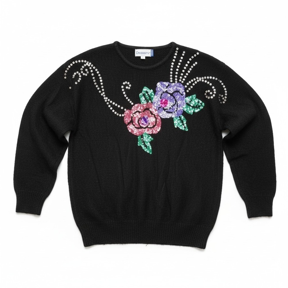 Diversity Petite Vintage Black Silk Angora Sequin Floral Knit Sweater Small